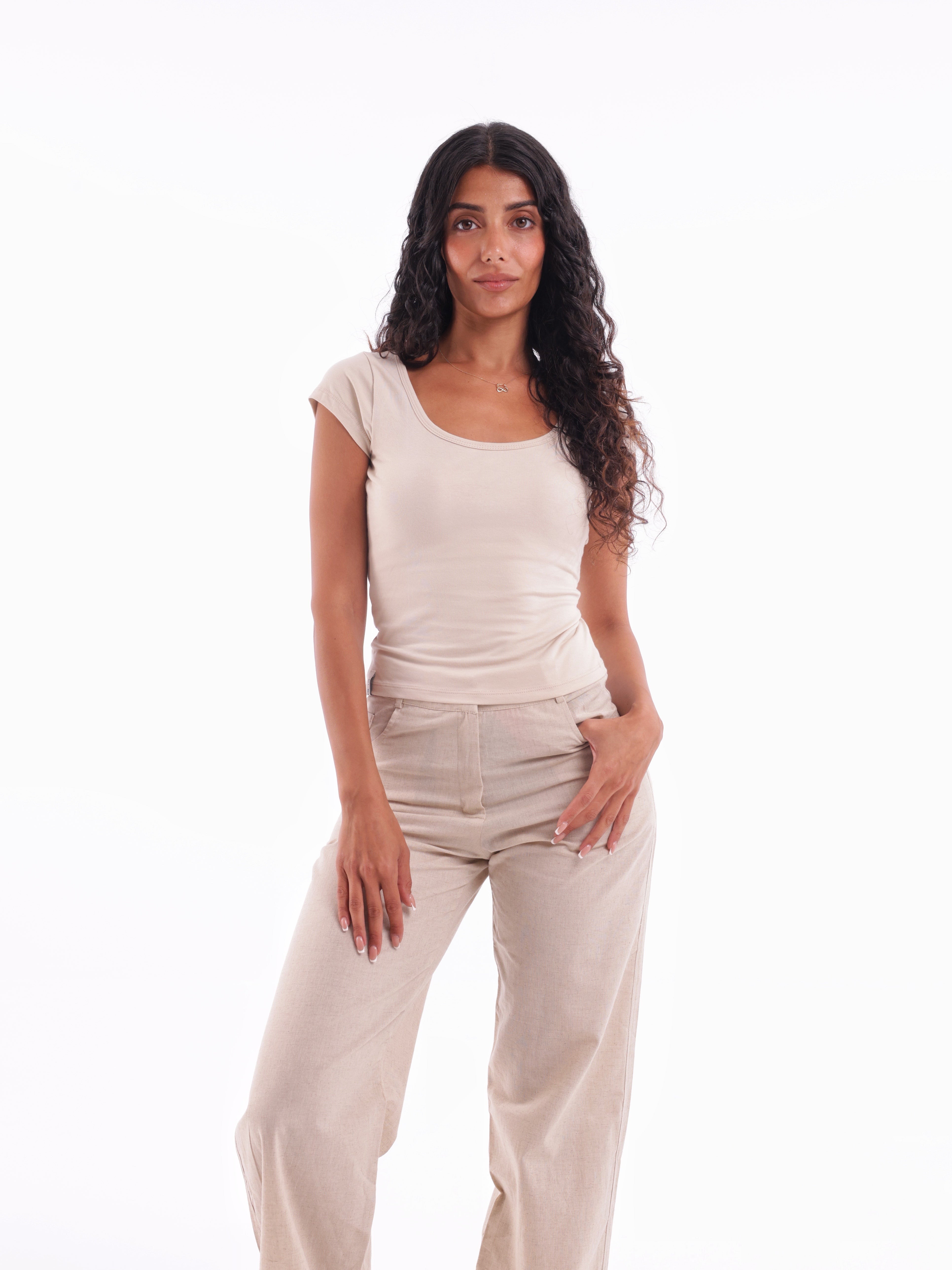 Scooped Backless Quarter-Sleeve Top