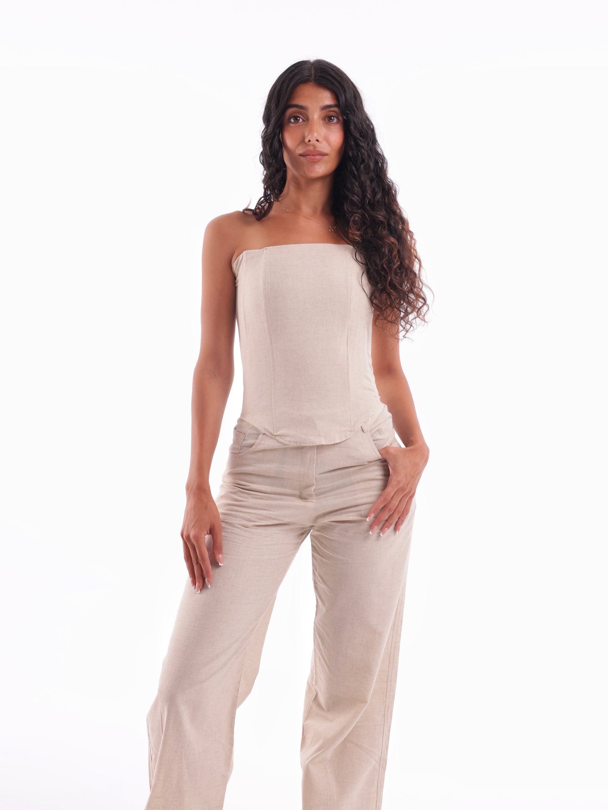 Draped Linen Corset Top - Hazelnut/Teal/Orange Stripe
